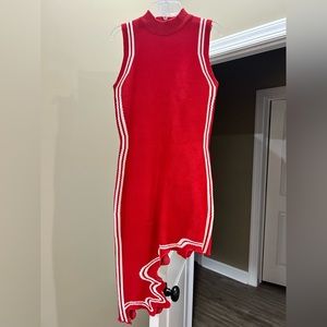 Red Knit Midi Dress with Asymmetrical Bottom